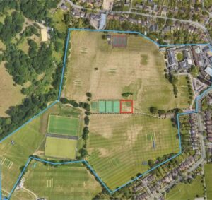 Proposed MUGA extension outlined in red within Eltham College site (blue)